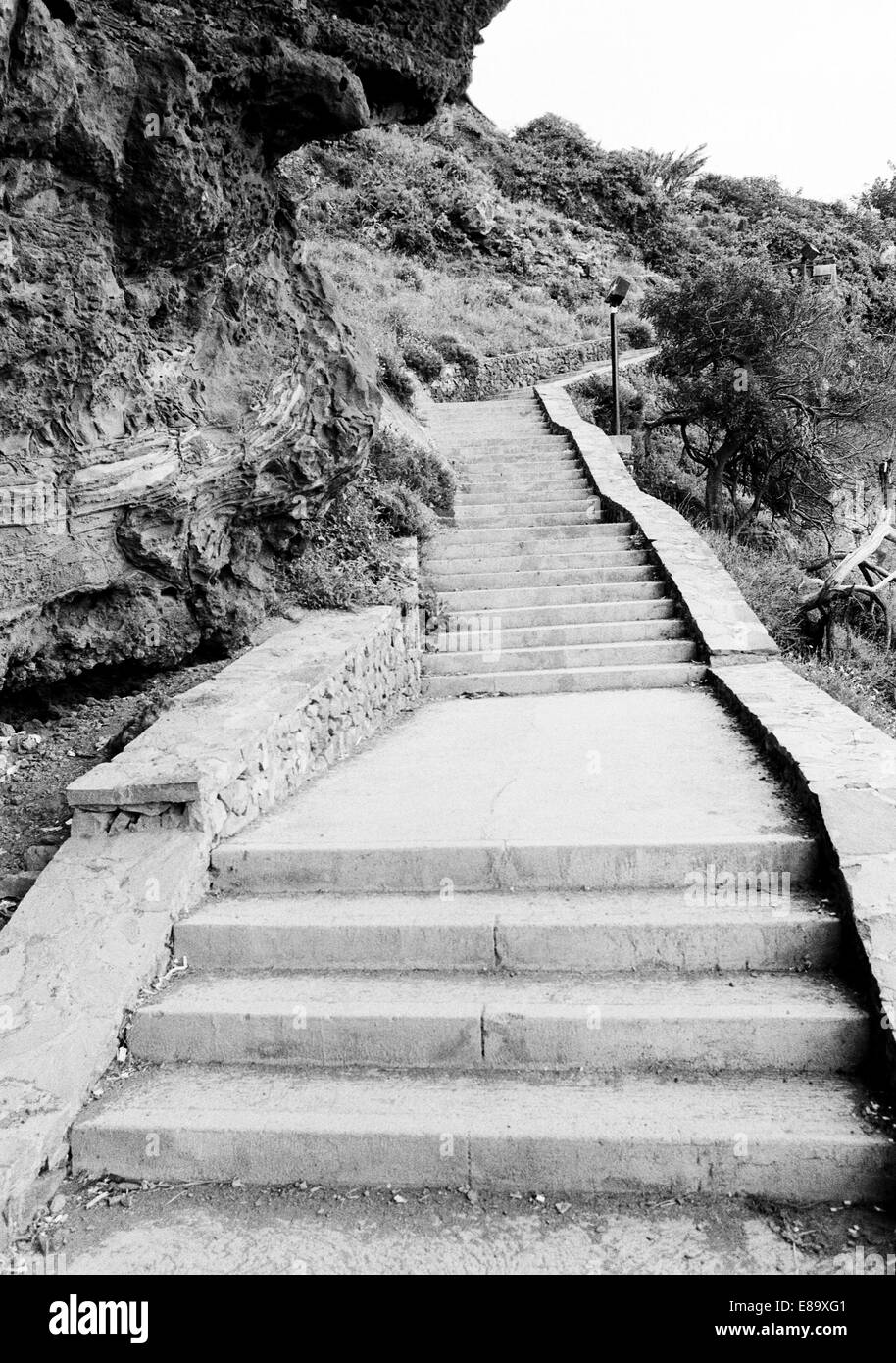 Achtziger Jahre, schmaler Fusspfad Kuestenlandschaft Treppenstufen felsiger mit en, Puerto de la Cruz, Teneriffa, Kanarische Inseln, Spanien Banque D'Images