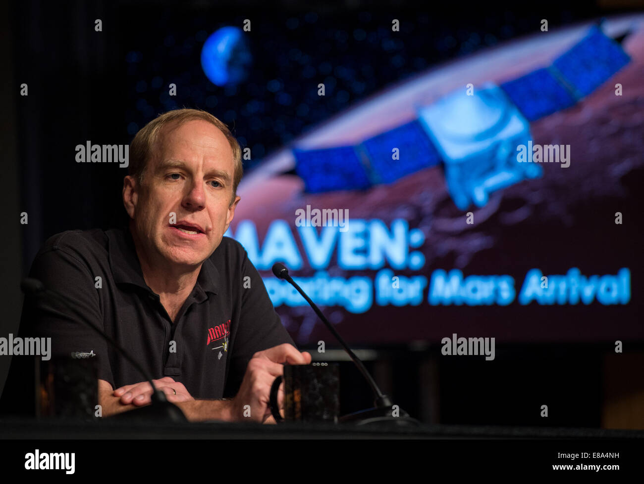 Guy Beutelschies, Lockheed Martin MAVEN gestionnaire de programme, Lockheed Martin Space Systems Company, Littleton, Colorado est vu lors d'une conférence de presse où lui et d'autres experts a décrit les activités autour du dimanche, 21 septembre, à l'insertion orbitale de Mars e Banque D'Images