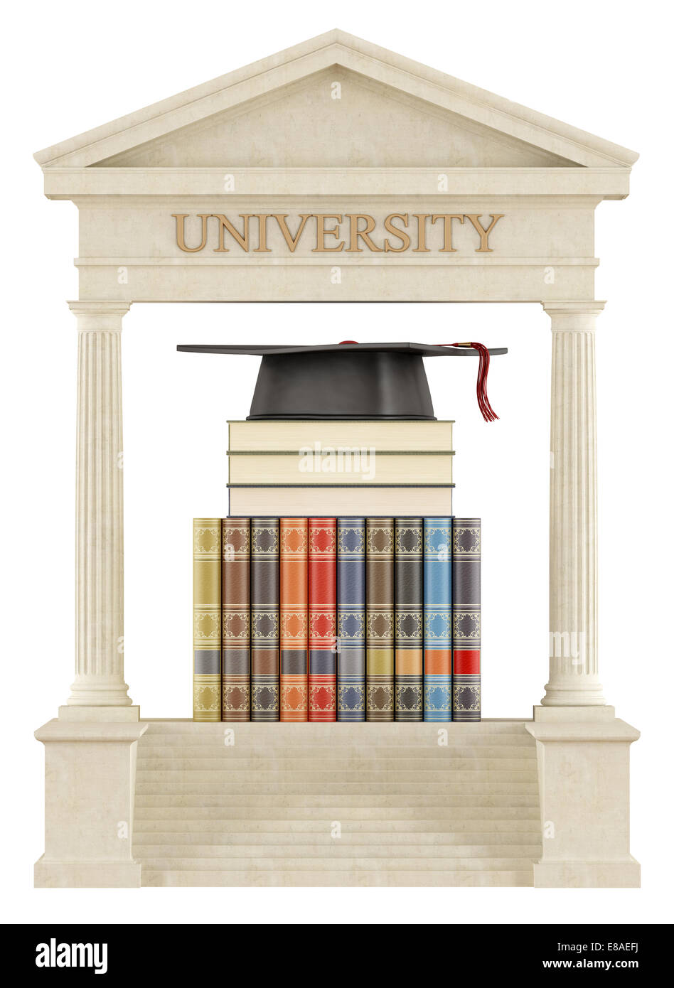 Graduation cap sur la pile de livres dans un temple grec isolated on white Banque D'Images