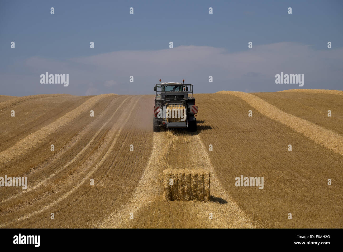 Une presse à balles de foin gouttes de couper le foin de leur tracteur Banque D'Images