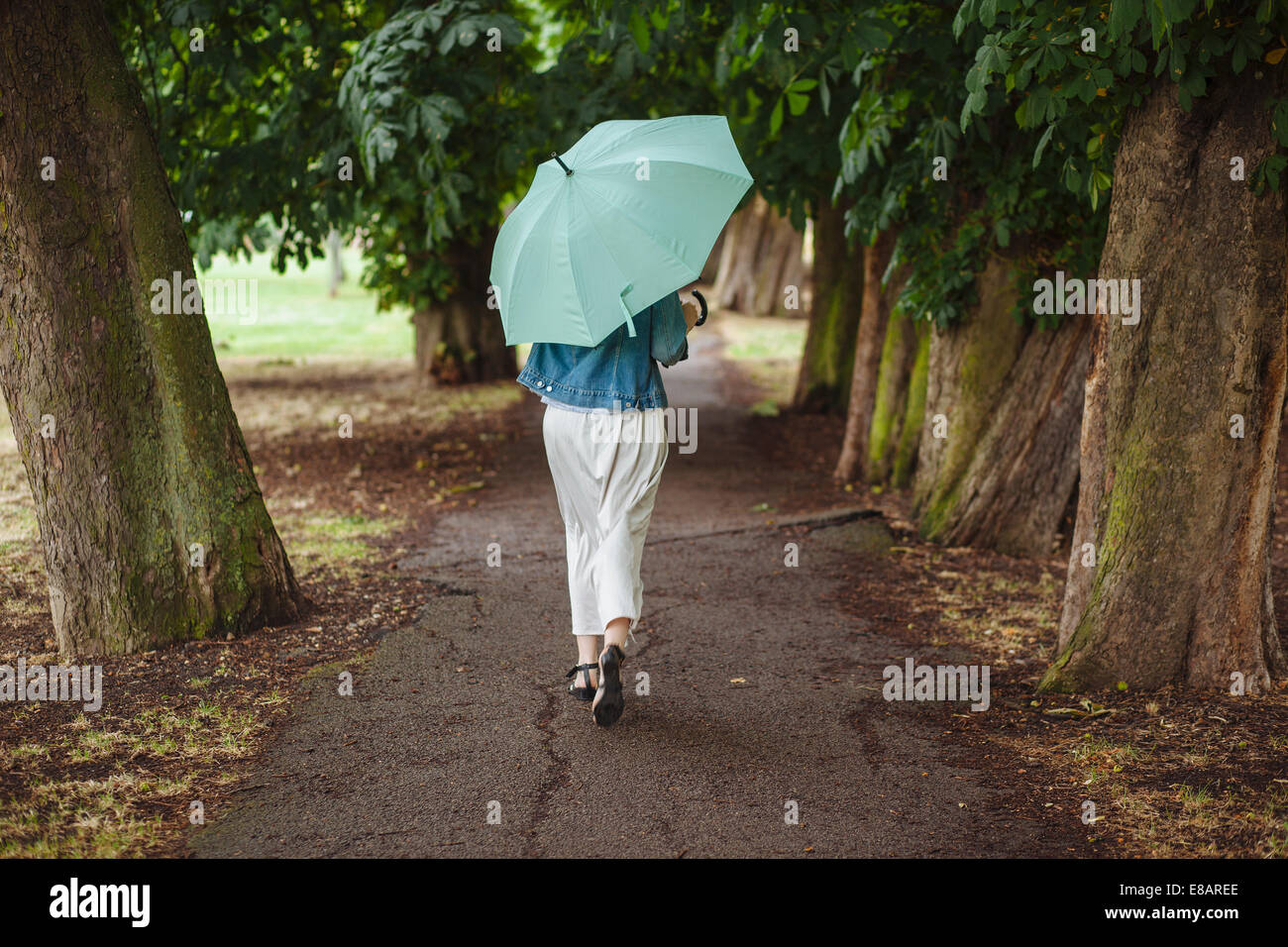 Vue arrière du jeune femme avec parapluie en flânant dans le parc Banque D'Images