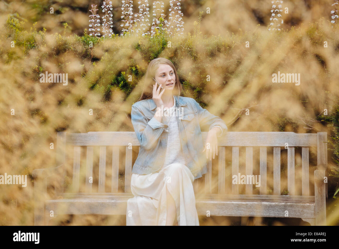Jeune femme assise sur le banc de parc chatting on smartphone in park Banque D'Images