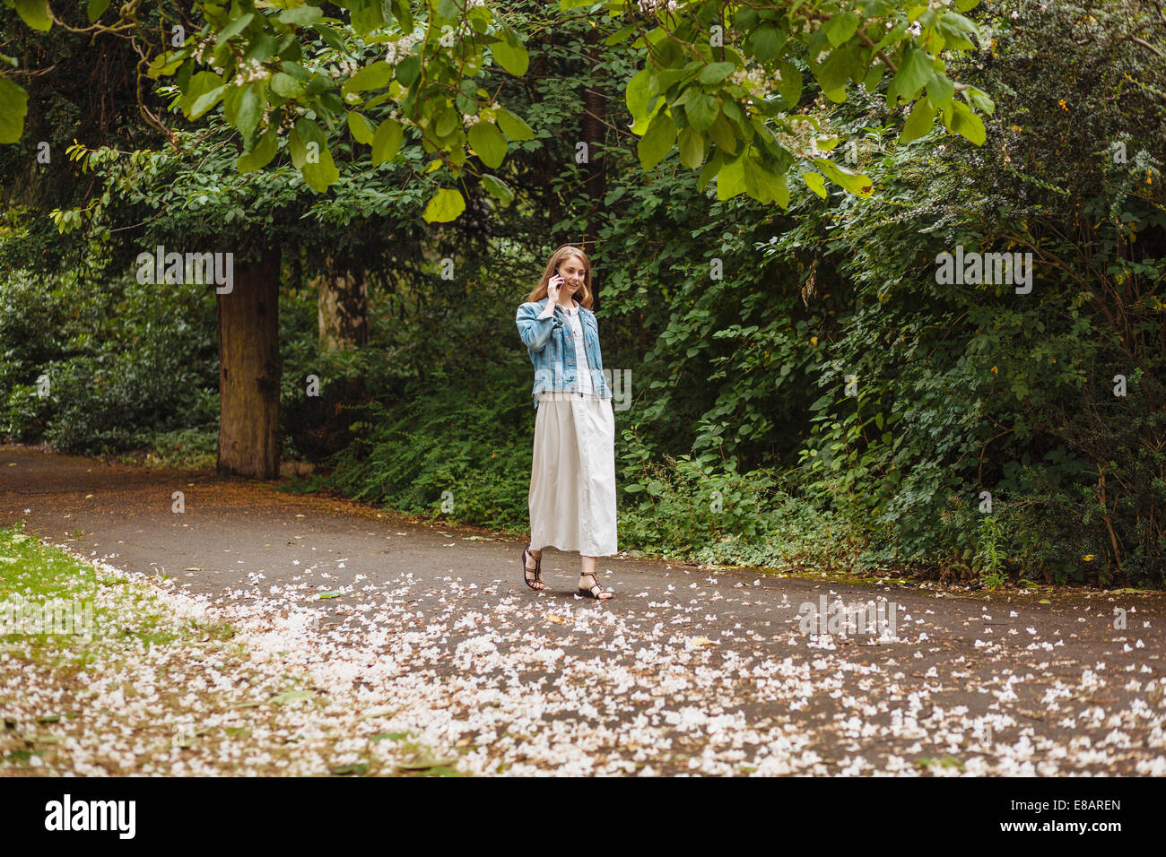 Young woman chatting on smartphone tout en flânant dans le parc Banque D'Images