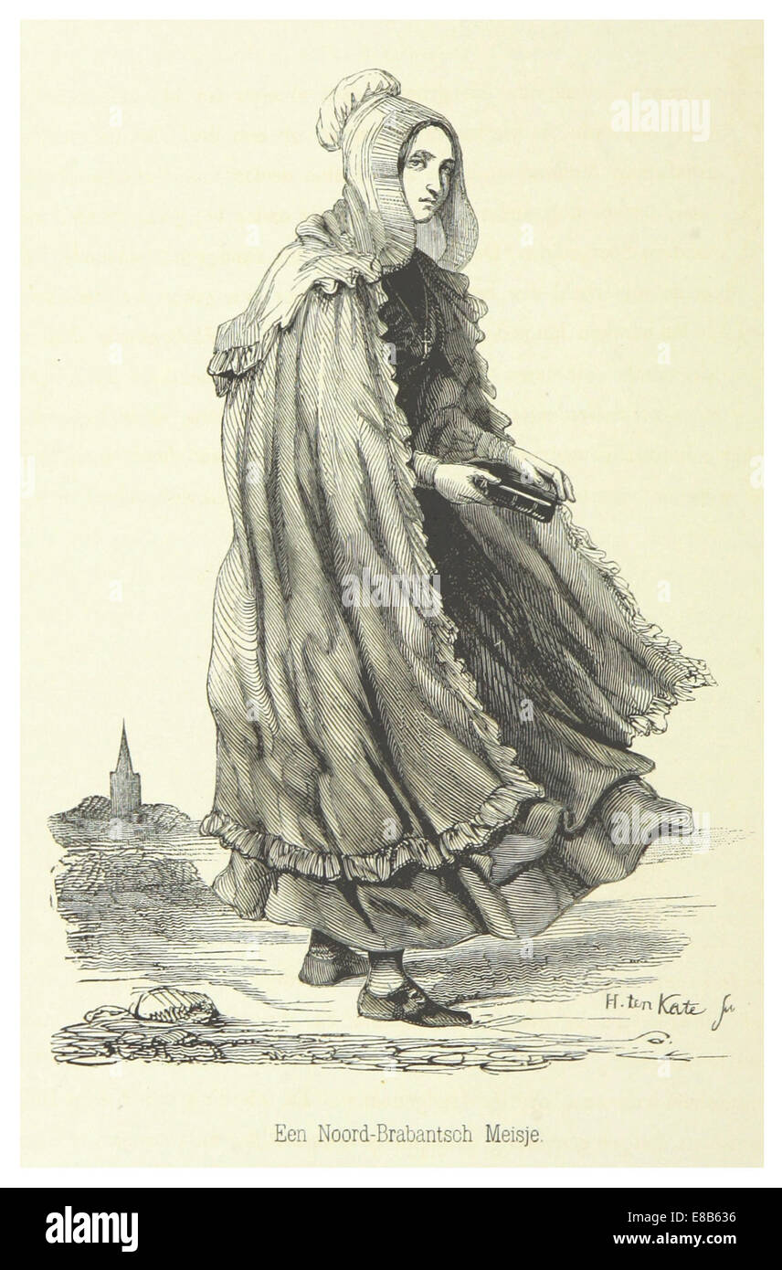 Illustration de 1855 d'une jeune femme du Brabant du Nord, aux pays-Bas, représentant des vêtements régionaux et des éléments culturels spécifiques à la région. L'œuvre offre un aperçu de la mode traditionnelle des femmes néerlandaises au XIXe siècle. Banque D'Images