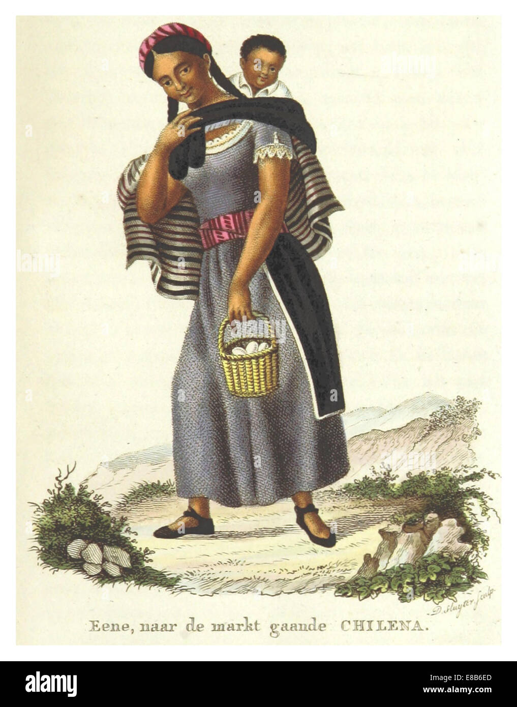 Un dessin tiré de l'œuvre de Boelen de 1835, représentant une chilienne se rendant au marché. Le croquis capture une scène historique de la vie quotidienne au Chili au XIXe siècle. Banque D'Images