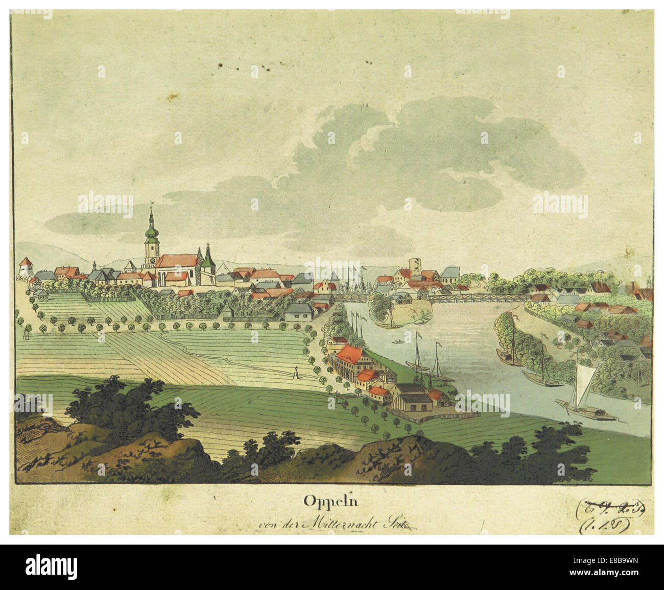 Une illustration de 1812 par Fischer et Stuckart montrant une carte et une vue d'Oppeln dans le Schlesien, qui fait maintenant partie de la Pologne, mettant en évidence les caractéristiques régionales. Banque D'Images