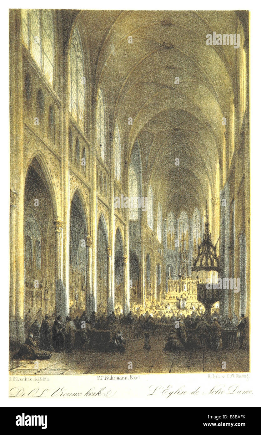 Cette illustration de 1860 par Hofdijk représente onze Lieve Vrouwekerk (église notre-Dame) aux pays-Bas, mettant en valeur son importance religieuse et architecturale au XIXe siècle. Banque D'Images