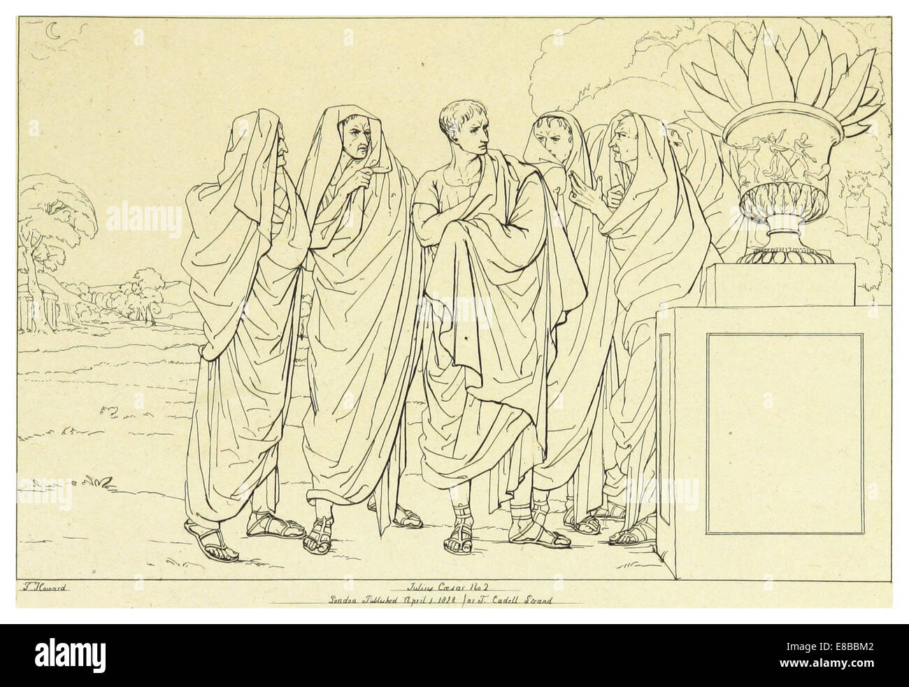 Cette illustration de l'édition de 1828-33 de Howard de Jules César de Shakespeare représente une scène liée à la pièce, soulignant la signification historique et littéraire de l'œuvre de Shakespeare. Le croquis fournit un contexte visuel pour la fameuse tragédie. Banque D'Images