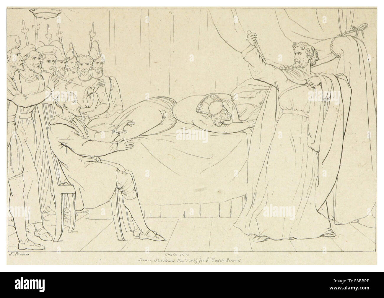Cette illustration de 1828-33 de la série *Shakespeare* de Howard représente une scène de *Othello*. Le dessin capture la tension dramatique et la profondeur émotionnelle de la pièce, en se concentrant sur les thèmes emblématiques de jalousie et de trahison qui définissent la tragédie. Banque D'Images