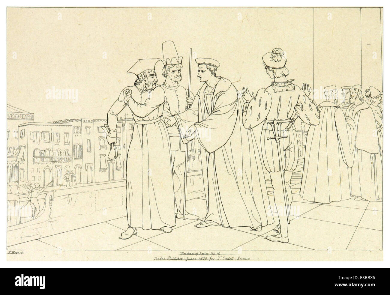 Une illustration de l’édition 1828-33 de Howard de *The Merchant of Venice*, mettant en vedette une scène de la pièce de Shakespeare. Cette édition reflète l'interprétation du XIXe siècle de la pièce classique. Banque D'Images