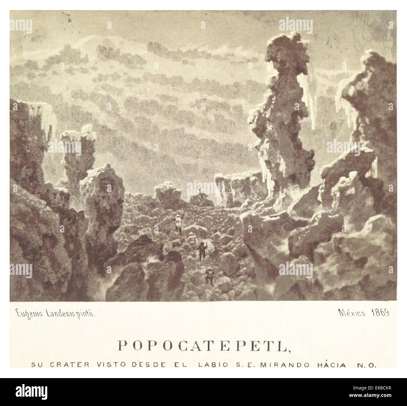 Une illustration de 1868 par Landesio du Popocatépetl, un volcan mexicain, montrant le cratère et ses environs. Cette carte et ce croquis offrent une vue scientifique et géographique du volcan au XIXe siècle. Banque D'Images