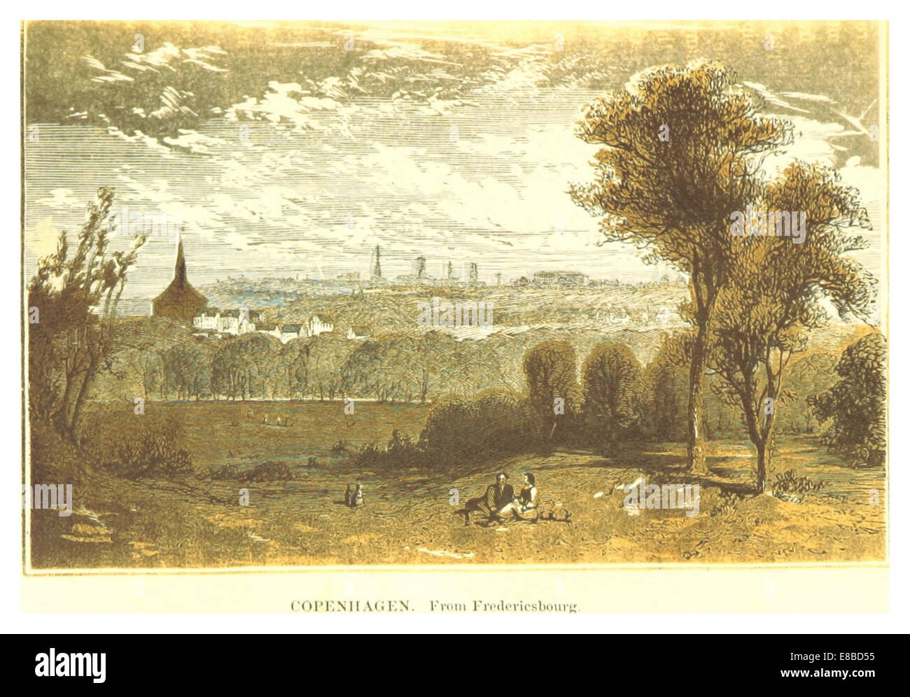 Cette illustration de 1853 de Pfeiffer représente Copenhague vue de Frederiksborg. L'image offre une vue historique de la capitale danoise, mettant en évidence les éléments clés de son architecture et du paysage environnant au XIXe siècle. Banque D'Images