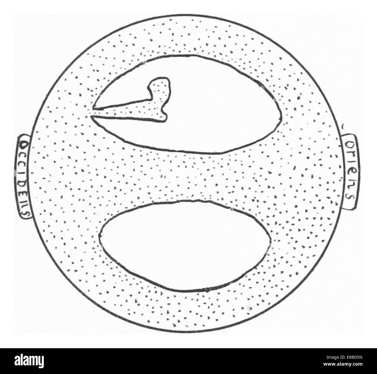 Une illustration de l’œuvre de Rainaud de 1893, représentant l’Antichthone sur une carte basée sur le manuscrit de Marco Polo à la Bibliothèque de Stockholm, fournissant un aperçu des connaissances géographiques médiévales. Banque D'Images
