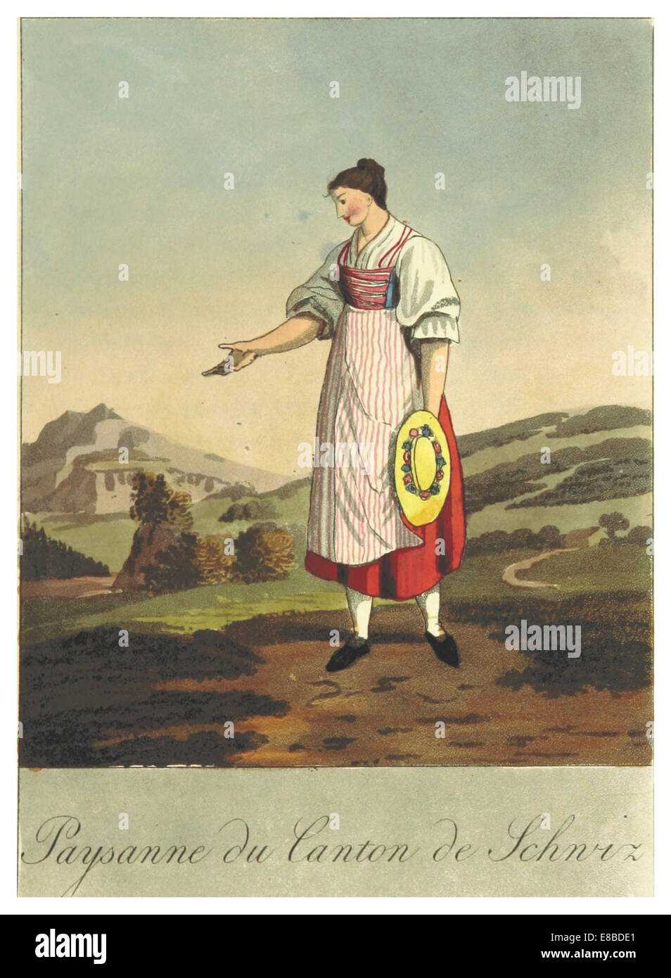 REINHARDT(1822), Costumes Suisses -CANTON DE SCHWYTZ, PAYSANNE DU VALLC389E DE MUOTTA Banque D'Images