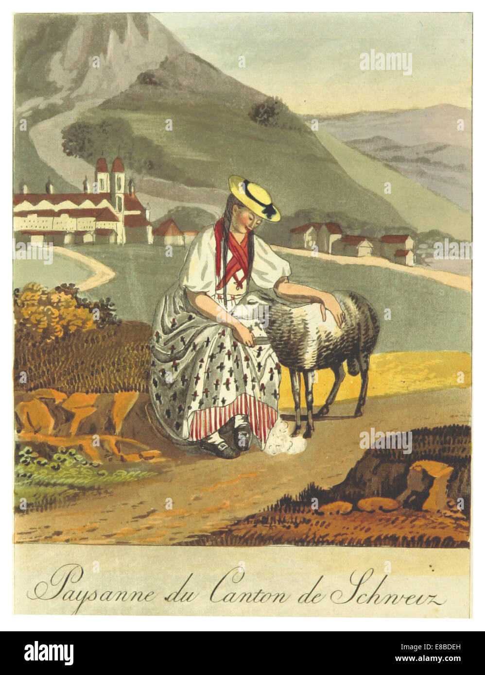 REINHARDT(1822), Costumes Suisses -PAYSANNE DU CANTON DE SCHWYTZ - VALLC389E DE MUOTTA Banque D'Images