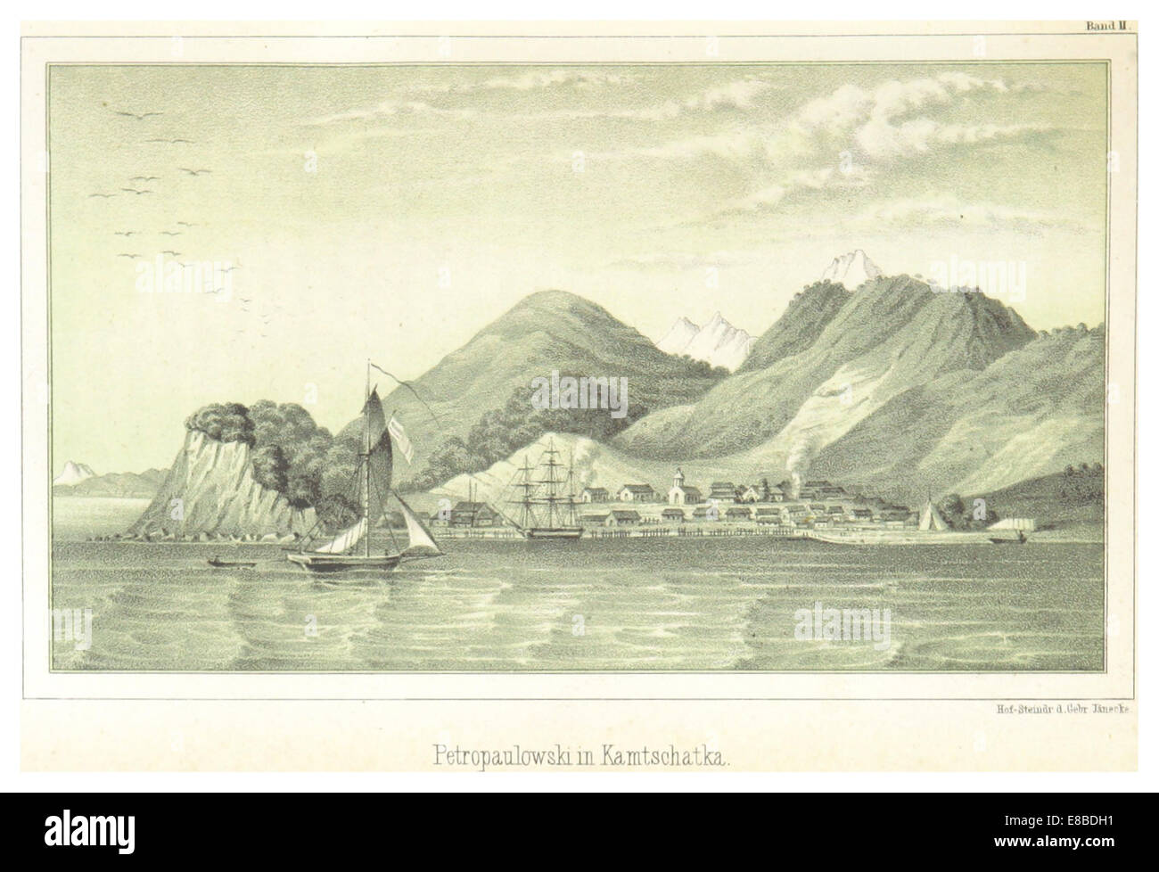 Cette esquisse de 1858 de Seemann représente Petropavlovsk au Kamtchatka, en Russie. L'illustration met l'accent sur l'emplacement de la colonie et l'environnement naturel environnant, offrant un aperçu de la topographie de la région au milieu du XIXe siècle. Banque D'Images