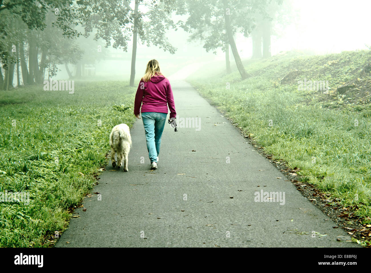 Femme marche avec son chien dans la nature Banque D'Images