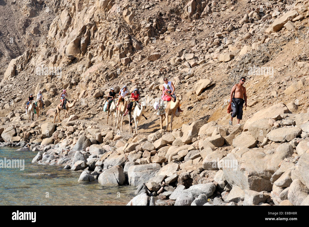Montagnes du Sinaï rencontrez le golfe d'Aqaba, les touristes en randonnée chamelière bédouine au nord de Dahab à Khoms ras dans le sud de la péninsule du Sinaï Banque D'Images