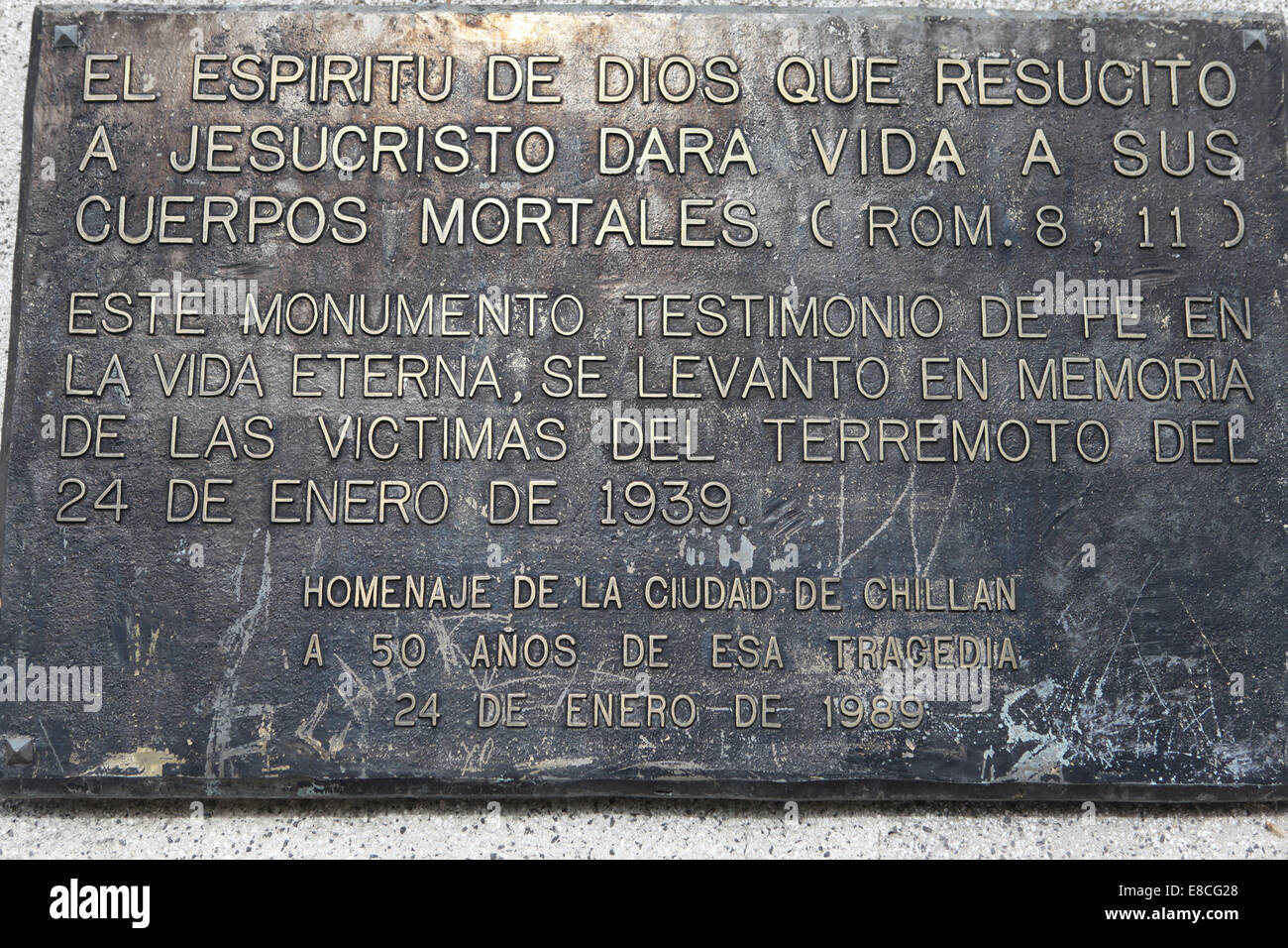 Plaque commémorative 1939 Tremblement de terre au Chili Banque D'Images