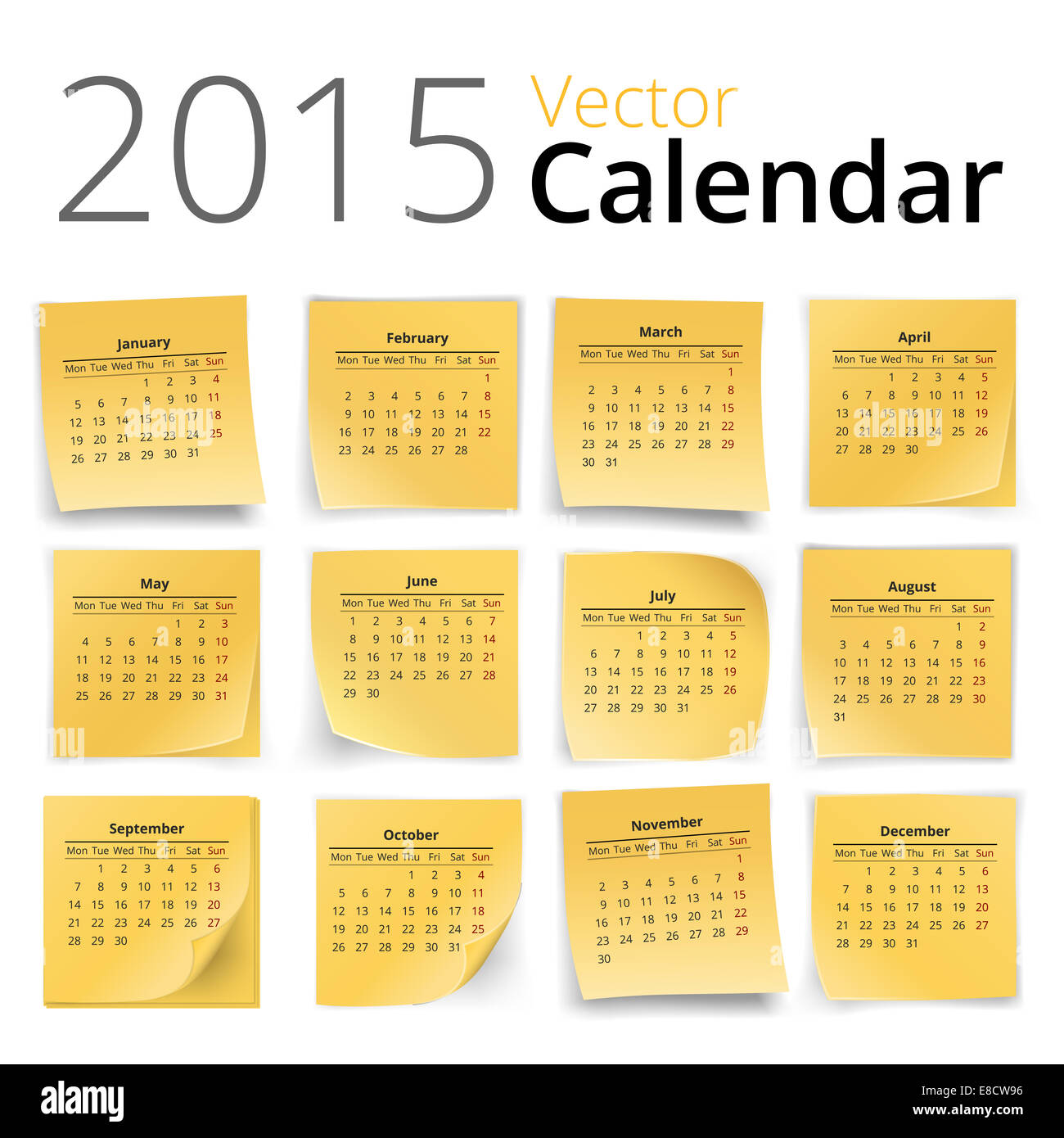 L'année 2015 calendrier vecto sur notes stick jaune isolé sur fond blanc, vector illustration Banque D'Images