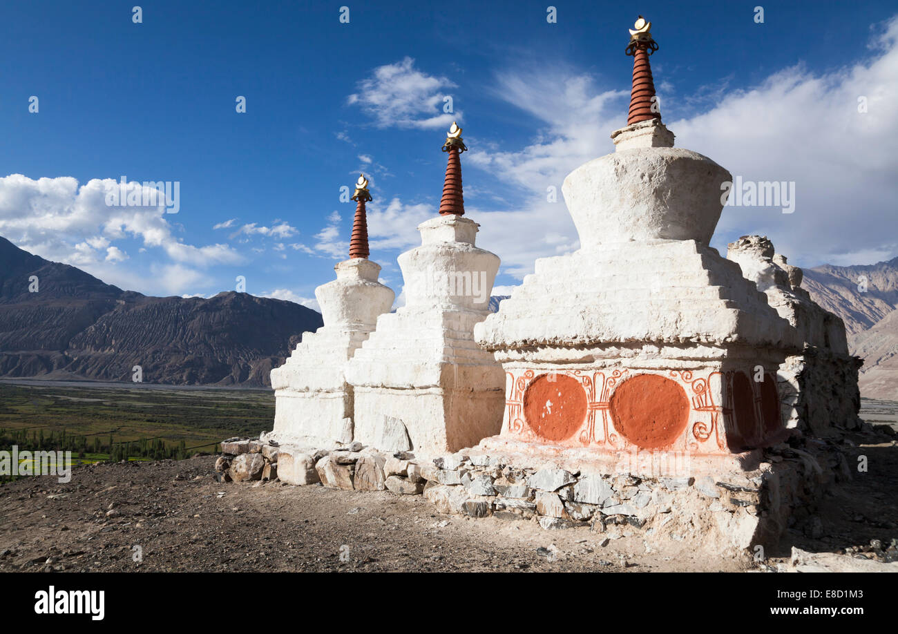 Stupas bouddhistes près de Diskit monastère, dominant la vallée de la rivière, Nubrah fleuves Shyok, Ladakh, Inde du Nord Banque D'Images