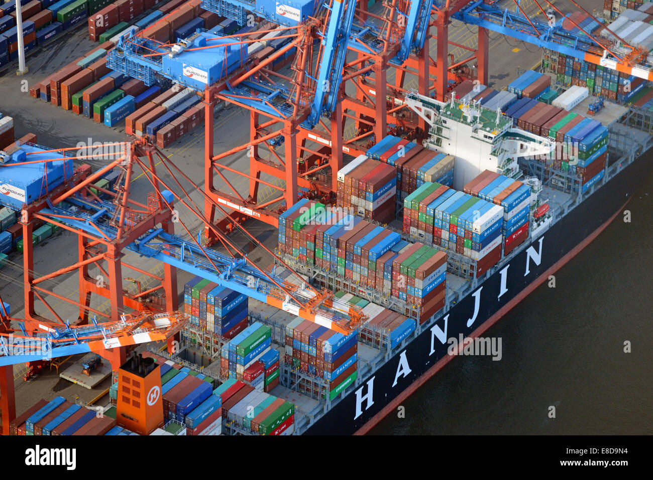 Chargement de conteneurs, d'un navire de la société Hanjin Shipping, Euro Gate terminal à conteneurs, le port de Hambourg, Hambourg, Allemagne Banque D'Images