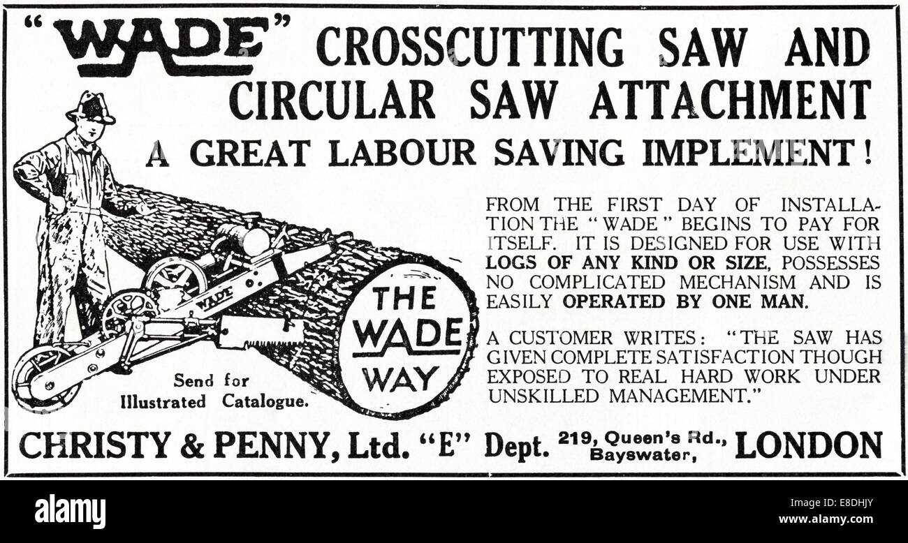 1920 Publicité pour Wade et scie circulaire scie transversal de  l'accessoire dans le magazine anglais daté de juin 1929 Photo Stock - Alamy