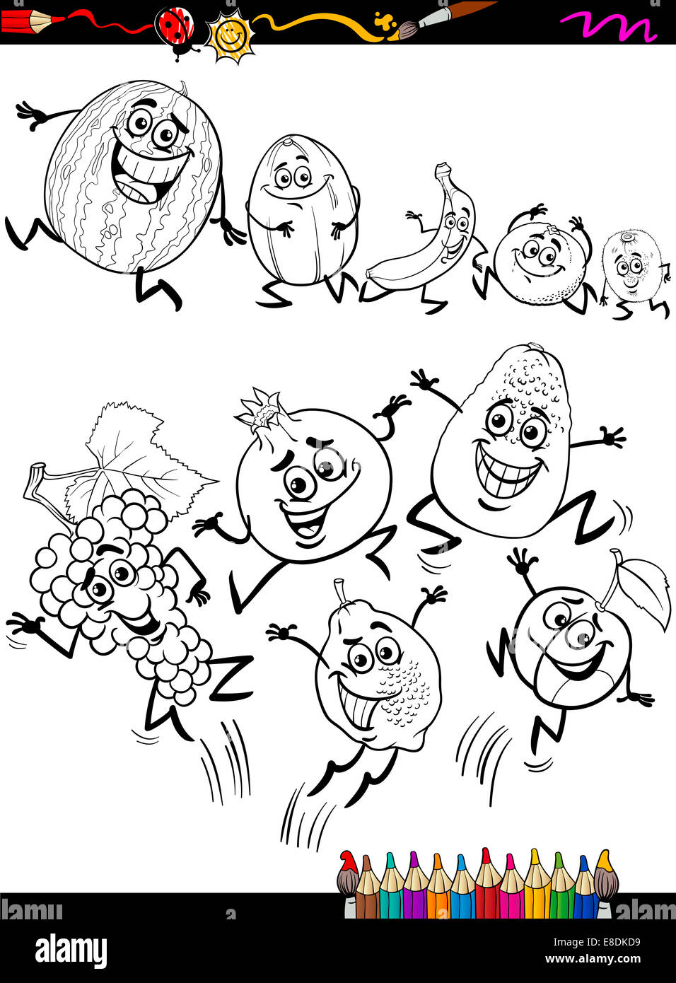 Livre de coloriage ou une page de bande dessinée de vulgarisation du noir et blanc pour les enfants Set Fruits drôles Banque D'Images