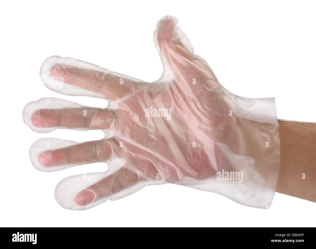 La main de l'homme portant des gants en plastique jetables Banque D'Images