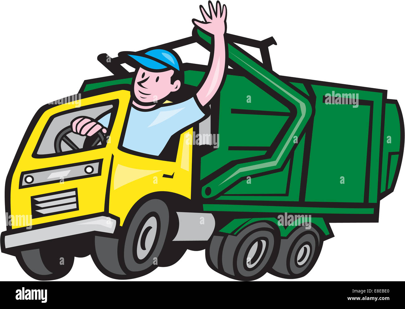 Illustration d'un camion poubelle poubelle avec chauffeur forme bonjour  isolées sur fond blanc fait dans un style de dessin animé Photo Stock -  Alamy
