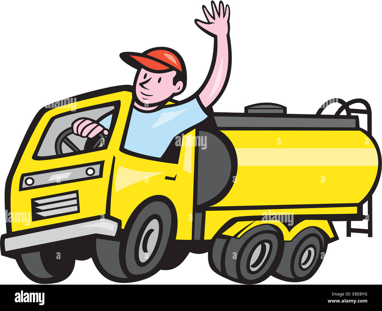 Illustration d'un camion-citerne camion-citerne d'essence avec chauffeur forme bonjour isolées sur fond blanc fait dans un style de dessin animé. Banque D'Images