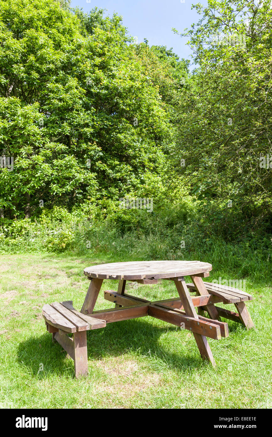 Table ronde en bois table de pique-nique avec sièges dans un champ, Lancashire, England, UK Banque D'Images
