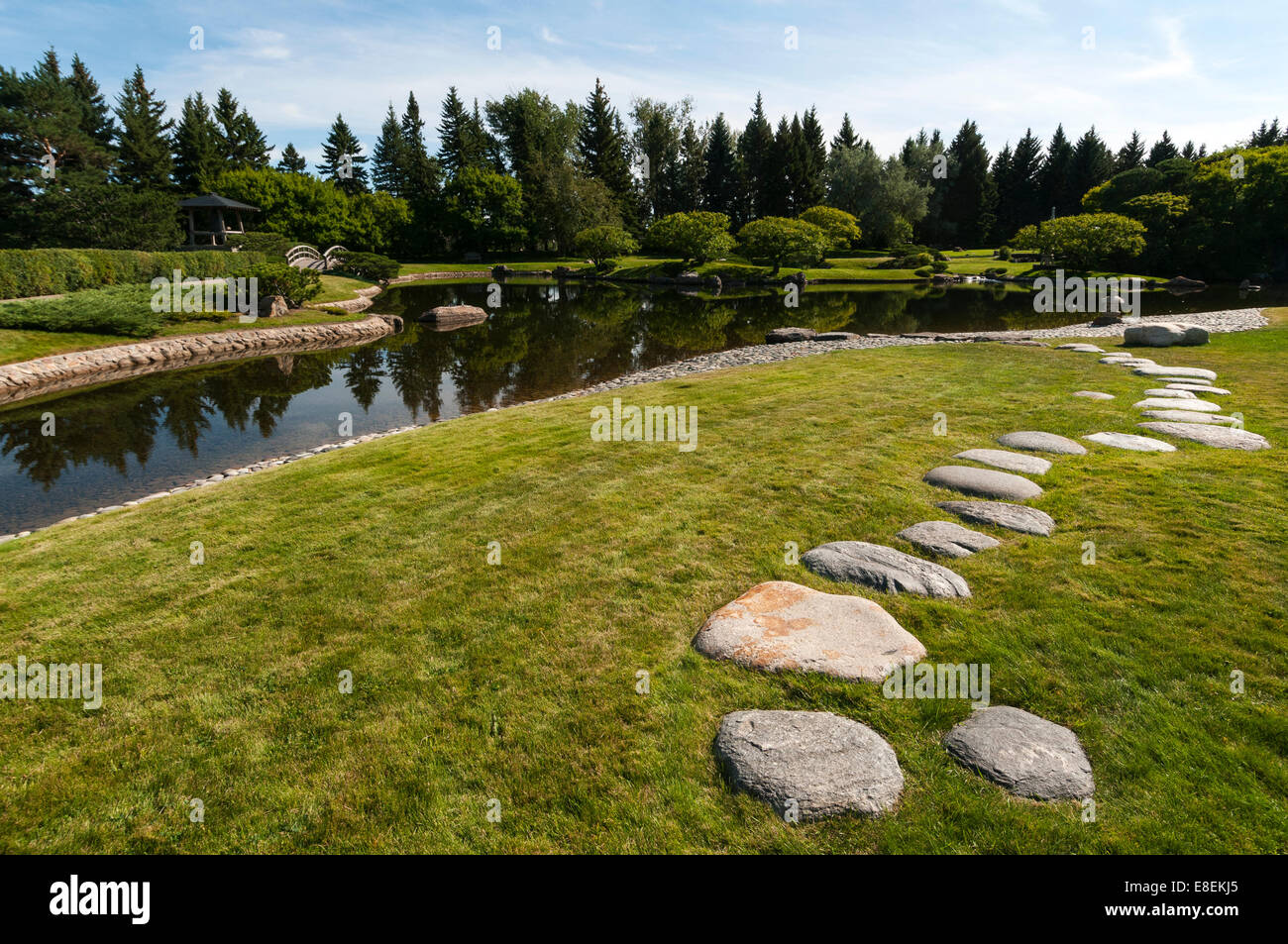 Elk203-6753 Canada, Alberta, Lethbridge, jardins japonais Nikka Yuko, stepping stones Banque D'Images
