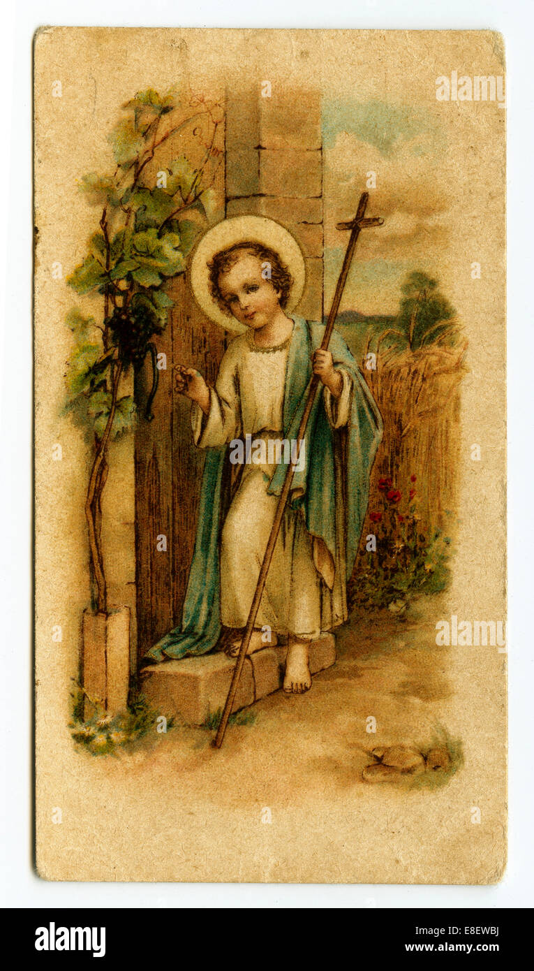 L'Enfant Jésus tenant une croix cogner à une porte, l'image de dévotion, Bavière, Allemagne Banque D'Images