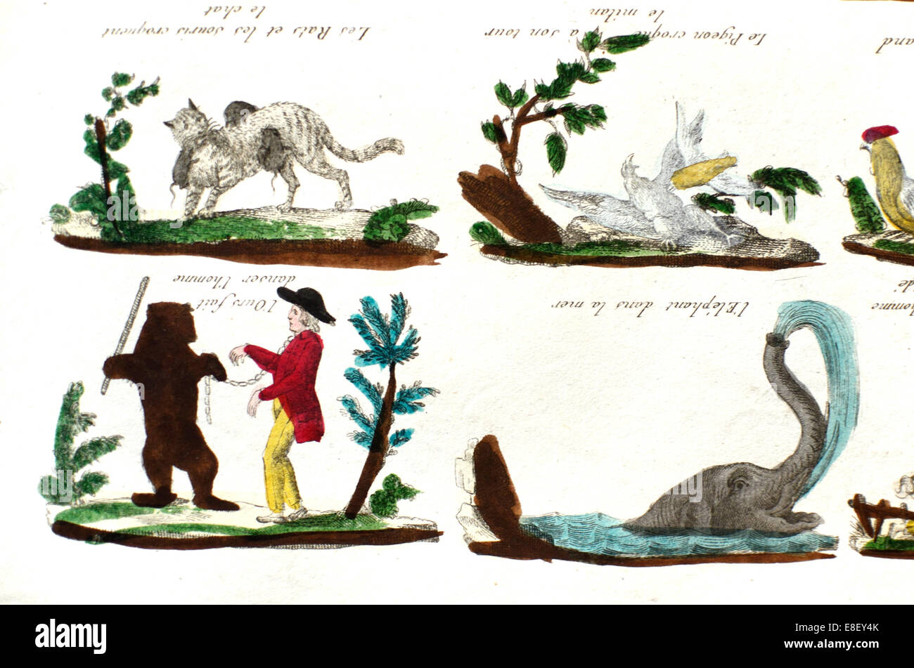 Le monde à l'envers un monde surréaliste c18-19e Gravure d'un ours dansant & Rats attaquer un homme enchaîné Cat & d''Elephant Banque D'Images