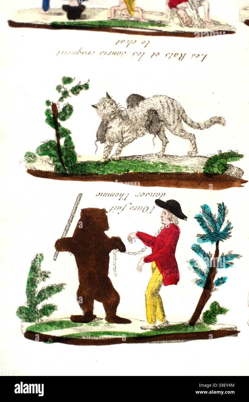 Le monde à l'envers un monde surréaliste c18-19e gravure montrant un ours dansant avec un homme enchaîné et attaquer les rats un chat Banque D'Images
