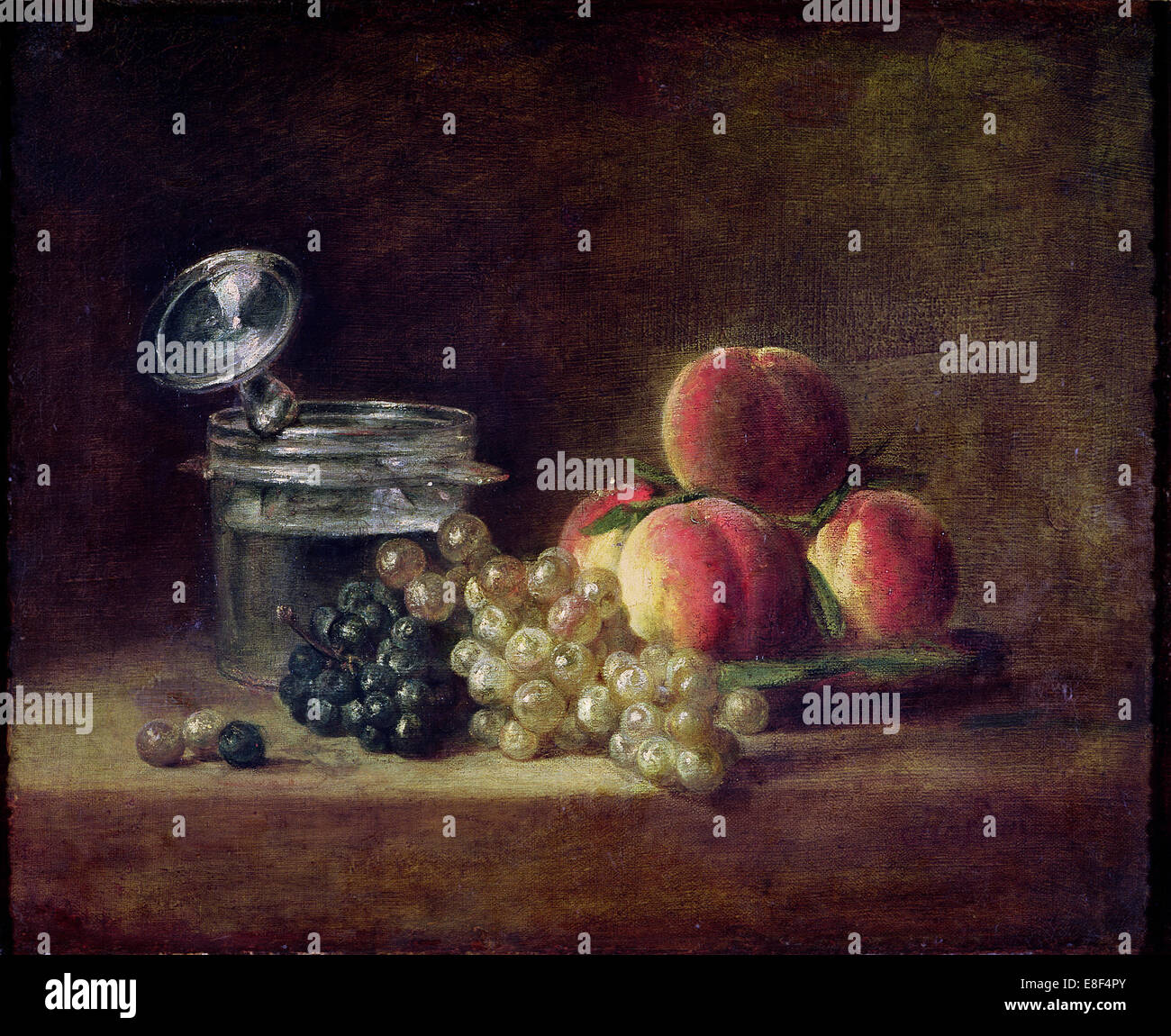 Nature morte avec un panier de pêches, raisins blancs et noirs, refroidisseur et verre. Artiste : Chardin, Jean-Baptiste Siméon (1699-1779) Banque D'Images