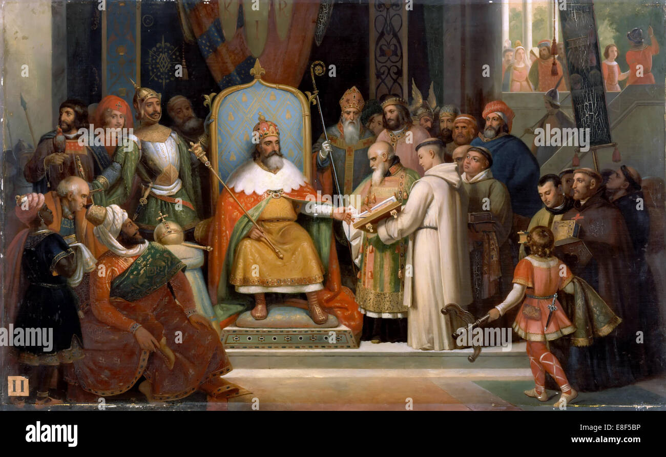 Charlemagne reçoit Alcuin, 780. Artiste : Jean-Victor Schnetz (1787-1870), Banque D'Images