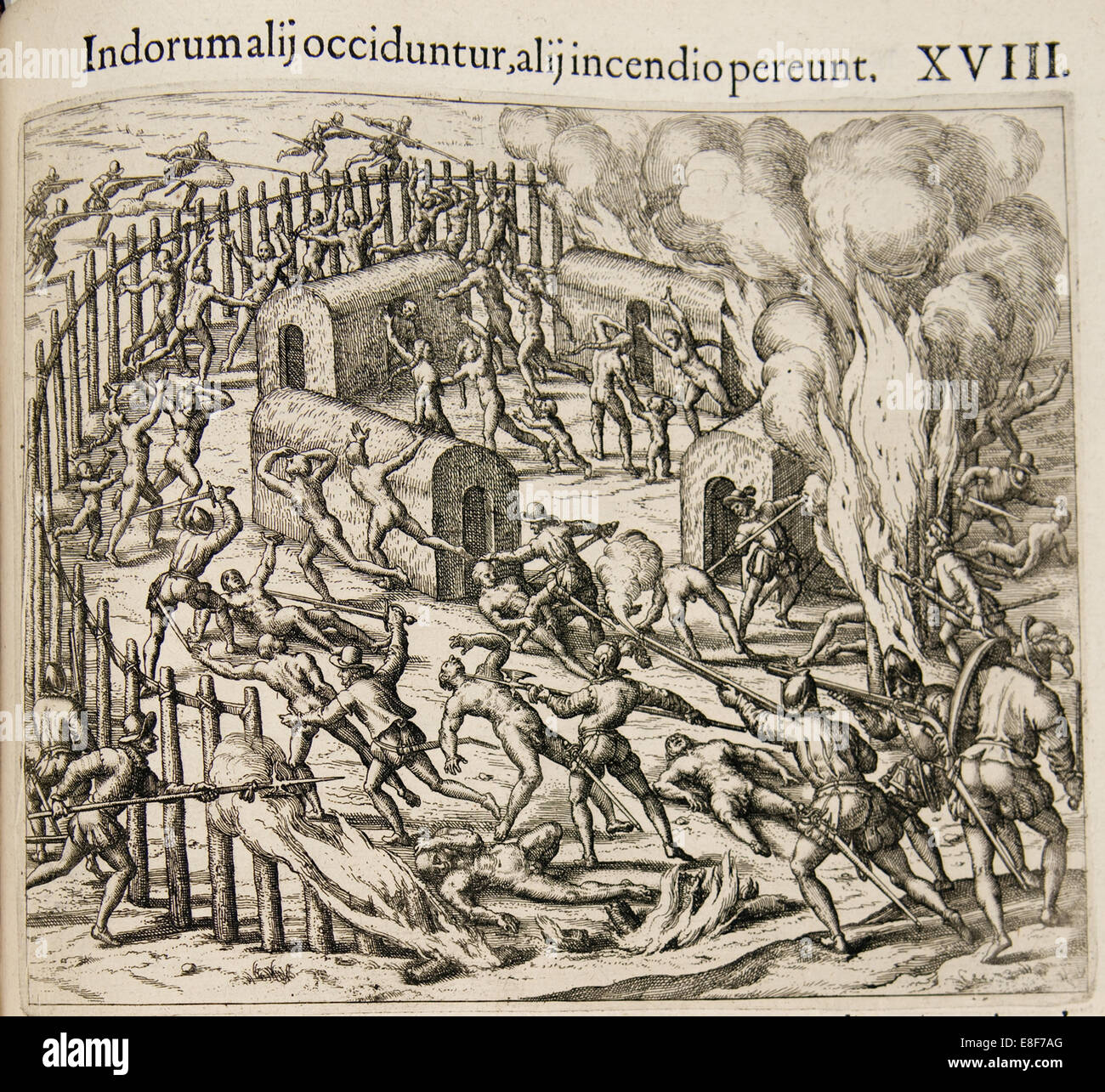 Certains Indiens sont tués, d'autres périssent dans un incendie. (À partir de : Americae pars qvarta). Artiste : Theodor de Bry, (1528-1598) Banque D'Images