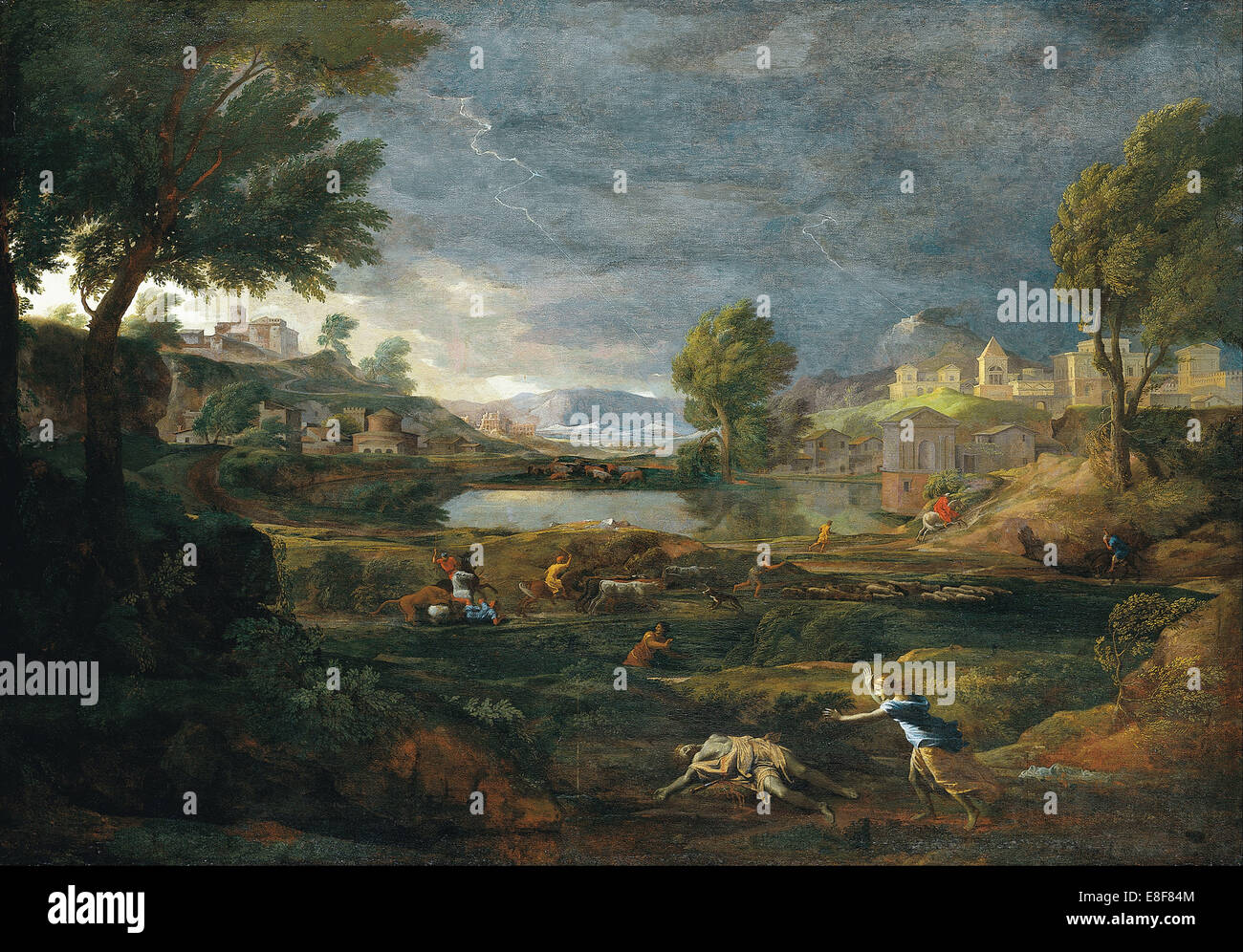 Paysage au cours d'un orage avec Pyramus et Thisbe. Artiste : Poussin, Nicolas (1594-1665) Banque D'Images