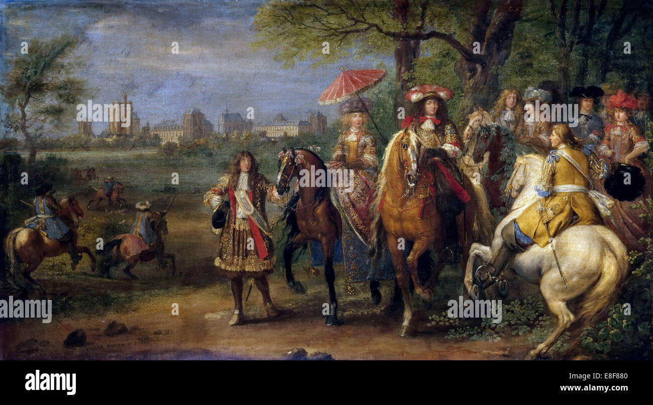 Château de Vincennes avec Louis XIV et Marie Thérèse avec leur Cour en 1669. Artiste : Meulen, Adam Frans van der, (1632-1690) Banque D'Images