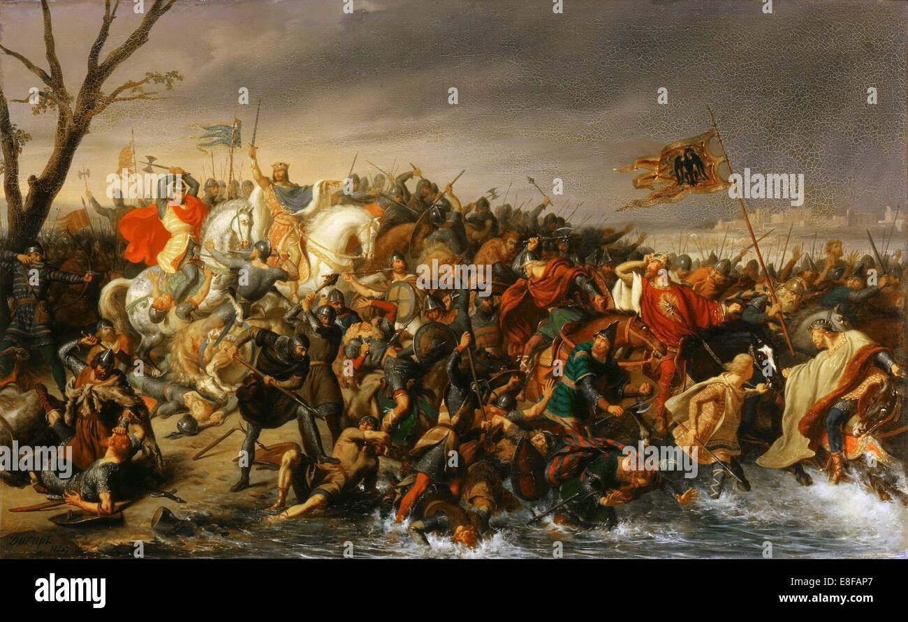 Lothaire de France bat l'empereur Otton II sur les rives de l'Aisne, octobre 978. Artiste : Durupt, Charles-Barthelemy-Jean (1804-1838) Banque D'Images