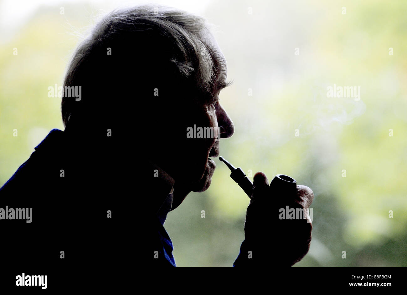 (Dossier) - Une archive photo, datée du 15 septembre 2009, illustre auteur Siegfried Lenz fumer sa pipe au cours d'une entrevue à Hambourg, Allemagne. Comme informé par l 'agence d'édition Hoffmann und Campe", l'auteur de littérature allemande de l'après-guerre est décédé le 07 octobre 2014. PHOTO : MAURIZIO GAMBARINI DPA/LNO Banque D'Images