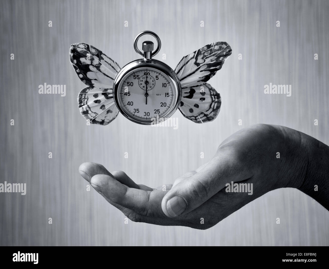 Concept de temps - Chronomètre avec les ailes de papillon léviter au-dessus côté, image en noir et blanc Banque D'Images