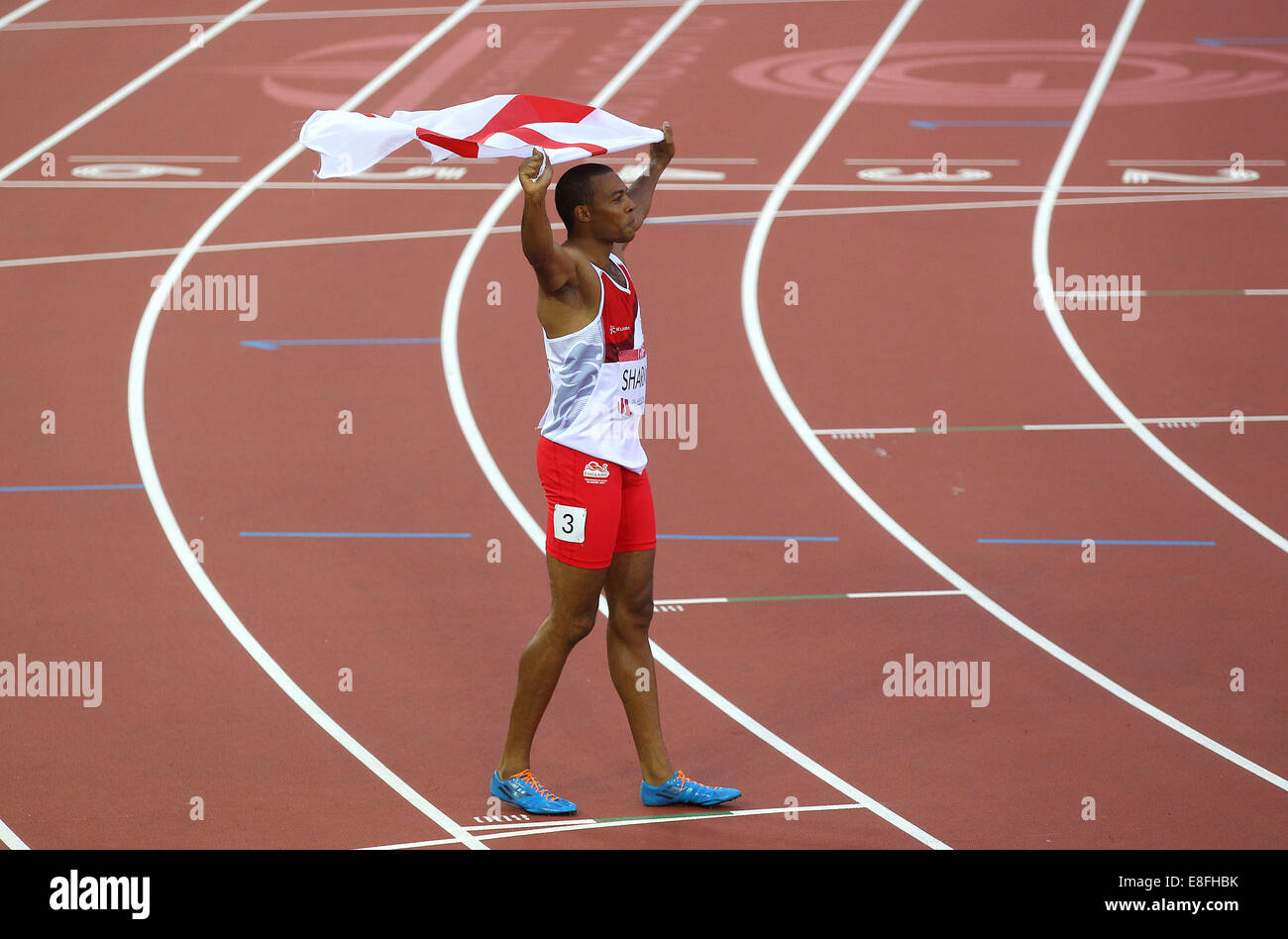 William Sharman (FRA) Médaille d'argent - Mens 110m Final. Athlétisme - Hampden Park - Glasgow - Royaume-Uni - 29/07/2014 - Jeux du Commonwealth Banque D'Images