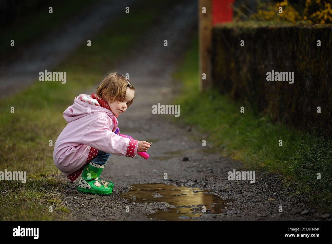 Girl (4-5) playing in puddle Banque D'Images