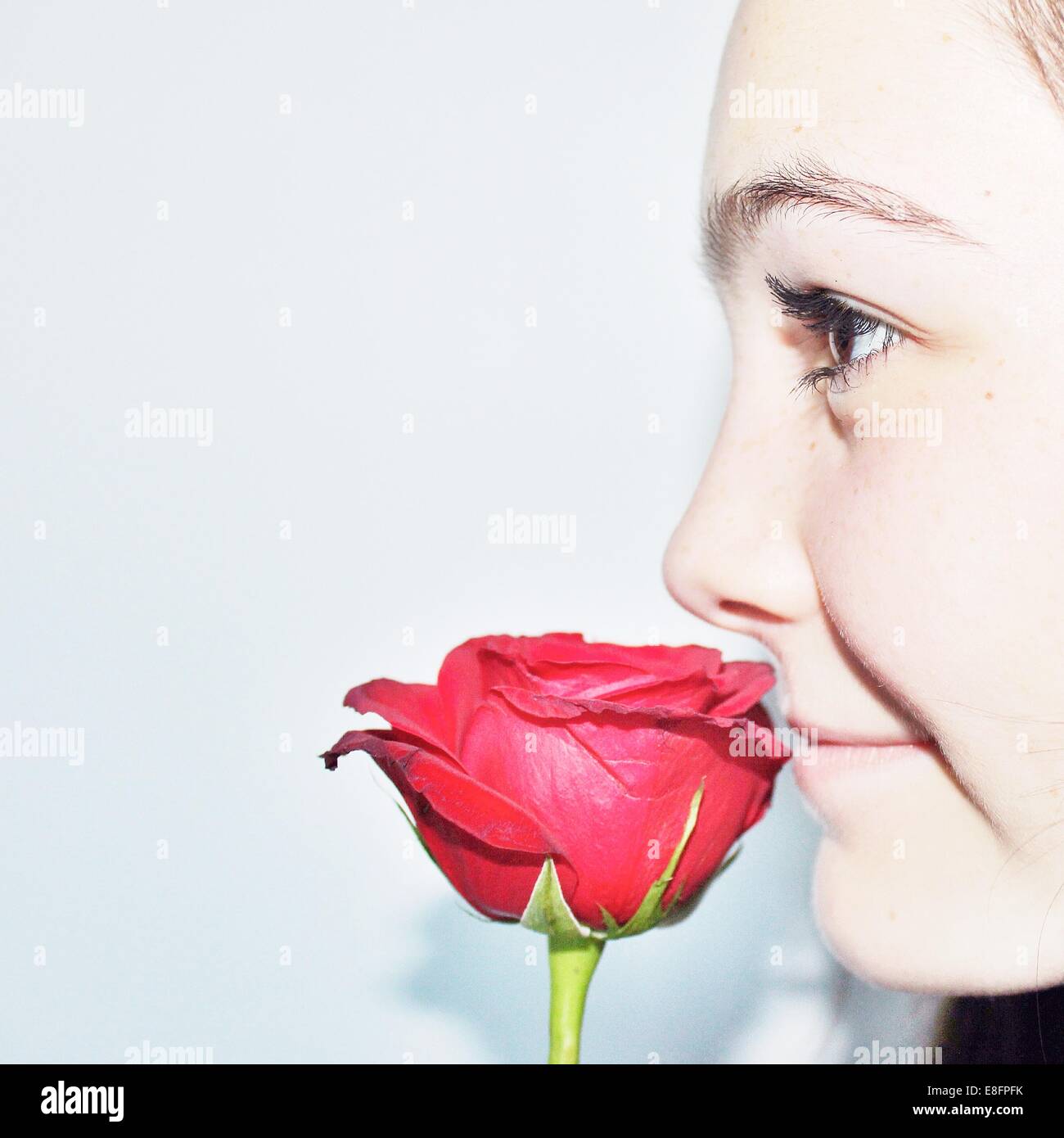 Close-up portrait of a Teenage girl smelling a fleur rose Banque D'Images
