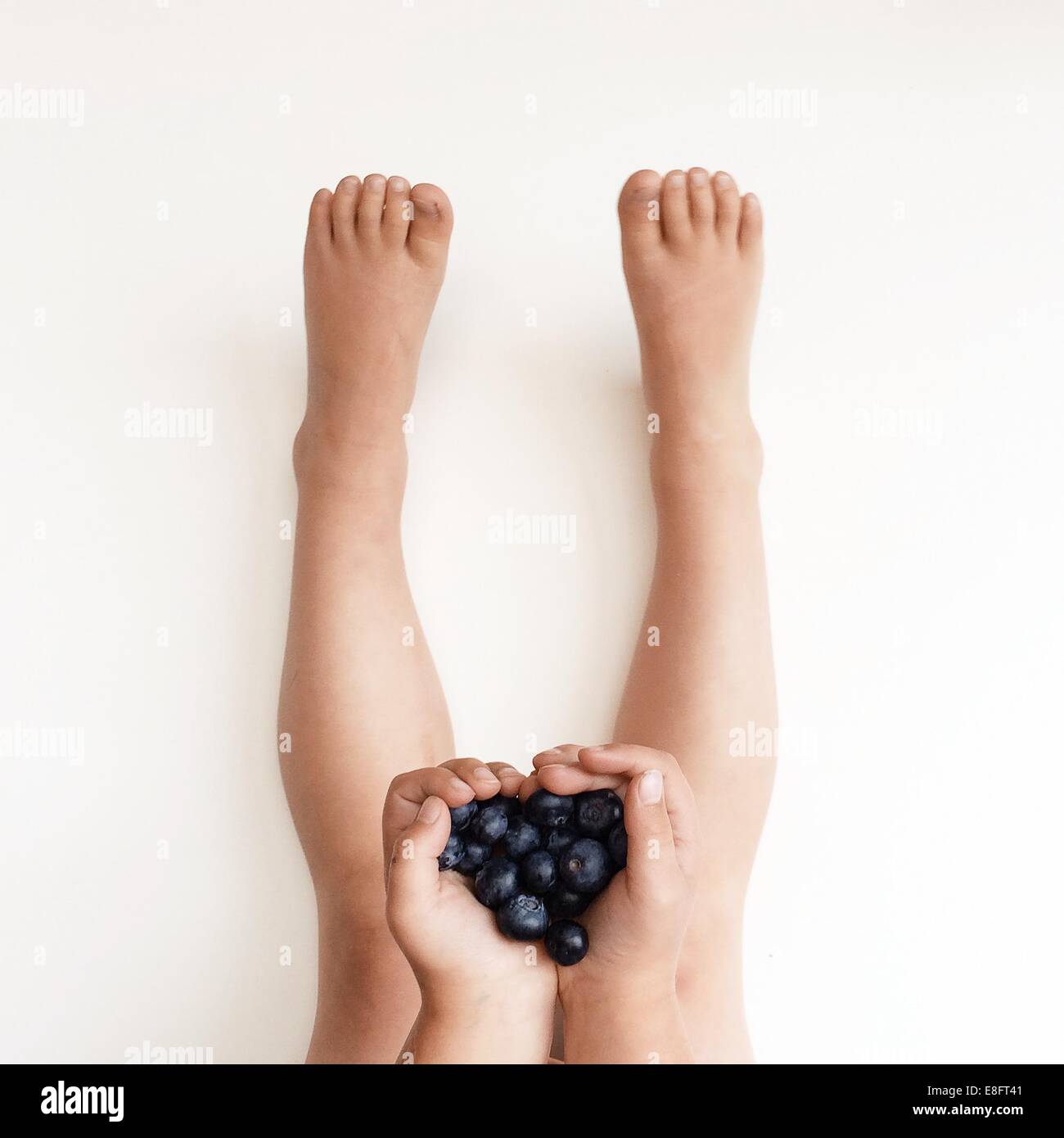 Boy holding des bleuets dans ses mains Banque D'Images