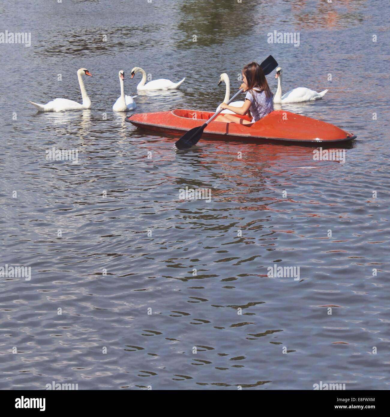 Fille du kayak sur le lac aux cygnes Banque D'Images