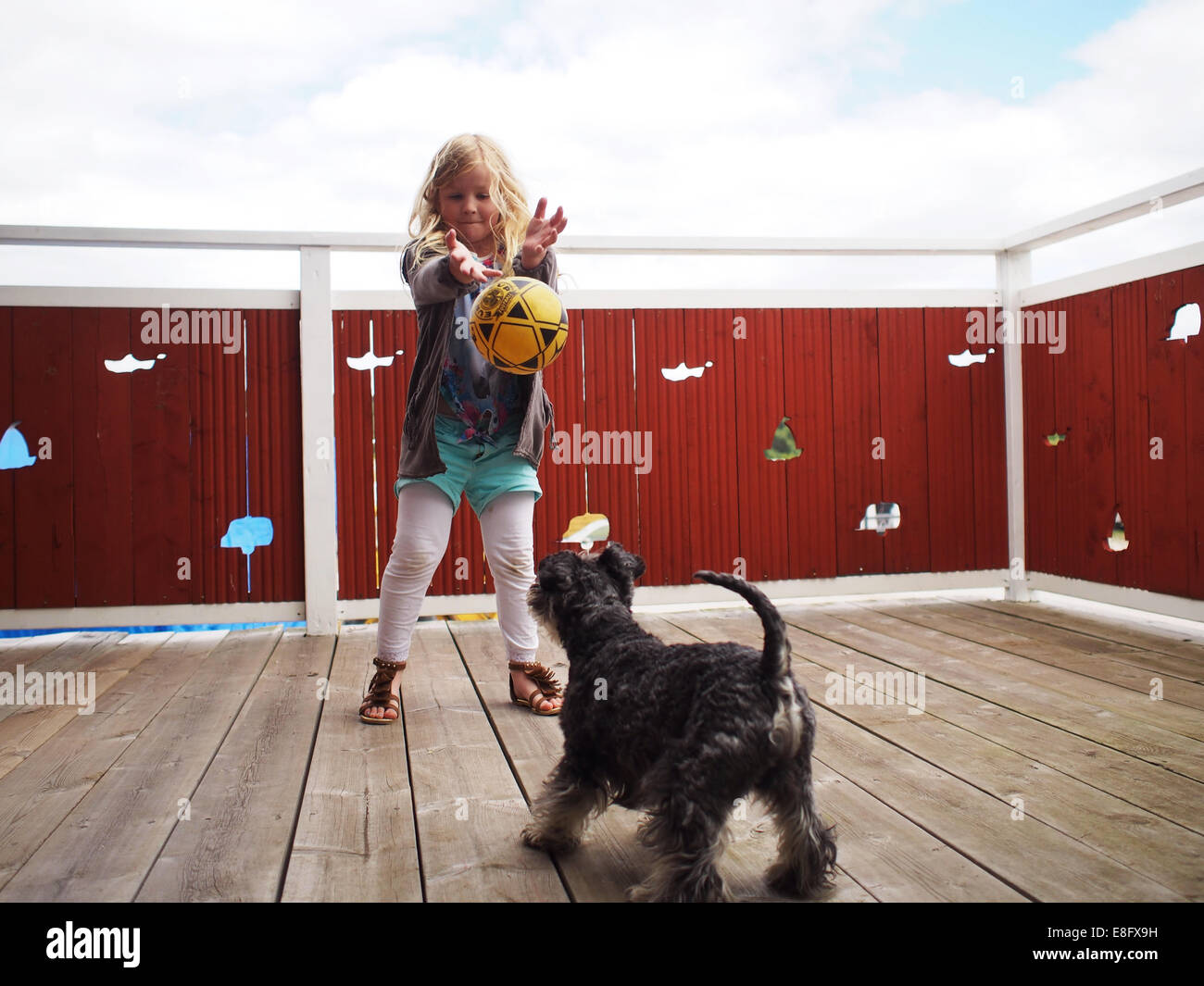 Fille jouant avec son chien sur la terrasse, Suède Banque D'Images